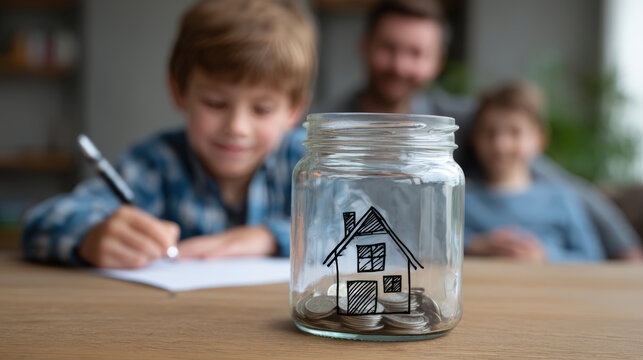Boy Drawing House on Savings Jar with Proud Parents Observing