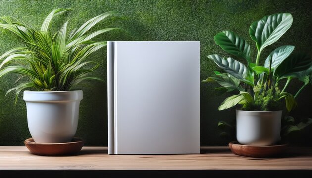 Blank Book Mockup On Decorative Table With Many Green Plants