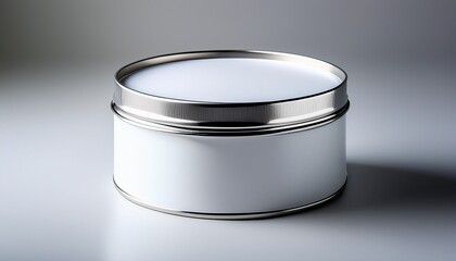 A Sleek Blank White Round Tin Container Tea Coffee Food Grade With A Silver Edge A Minimalist Product Mockup On A Light Grey Background