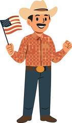 Smiling man in a cowboy hat and checkered shirt proudly holding the American flag while celebrating.