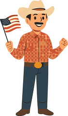 Smiling man in a cowboy hat and checkered shirt proudly holding the American flag while celebrating.