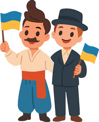 Two smiling men holding blue and yellow flags, dressed in traditional and formal Ukrainian clothing, standing side by side.