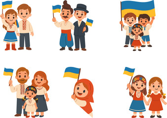 Collection of happy people and children dressed in traditional Ukrainian clothing, waving blue and yellow flags in a joyful celebration.