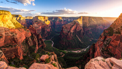 Grand canyon illuminated by golden light showing vastness and depth at sunset