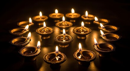 Circle of lit diyas oil lamps on dark background light flame