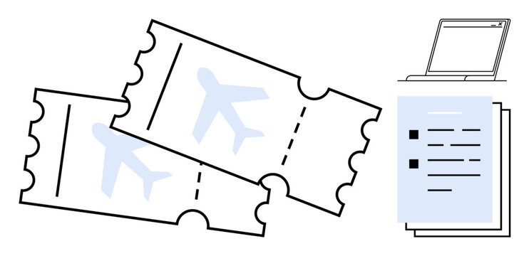 Two airplane tickets beside a laptop and stack of documents. Ideal for travel booking, trip planning, tourism, business, preparation, organization, productivity. Simple flat metaphor
