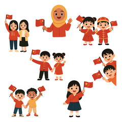 Collection of cheerful children waving red flags with yellow stars, wearing festive outfits and celebrating together in a joyful scene.