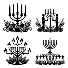 Kwanzaa Kinara Candle Flames Minimal Monoline Icon Set