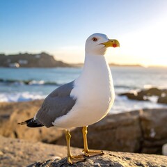 Naklejka premium A seagull standing on a rock with the sun setting behind it