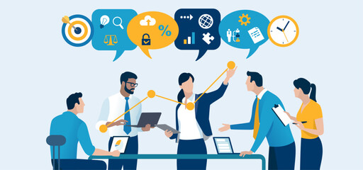 Presentation, vision, strategy . The female leader explains her idea. Discussing business plan. Vector illustration