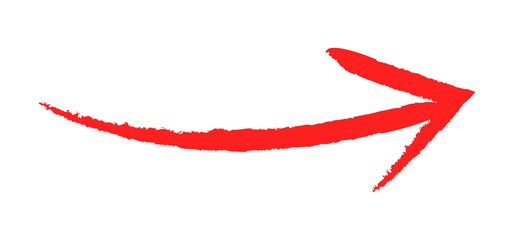 Red hand-drawn arrow marker isolated on transparent background. Arrow sign drawn by hand with a marker. PNG