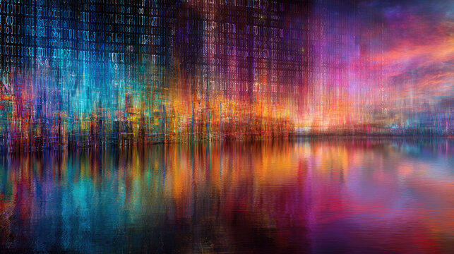 Surreal digital landscape blending paint strokes and binary code, AI-generated visual poetry, futuristic art concept