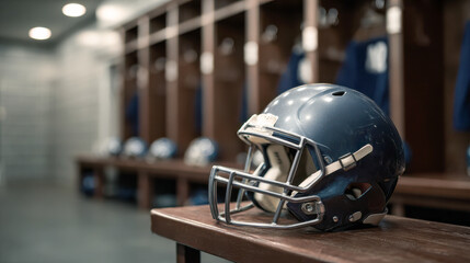 American football helmet sitting inside empty locker room
