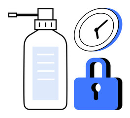 Obraz premium Sanitizer bottle, padlock, and clock combine to convey hygiene, security, and time discipline. Ideal for safety, health, routine, prevention cleanliness responsibility and simple flat metaphor