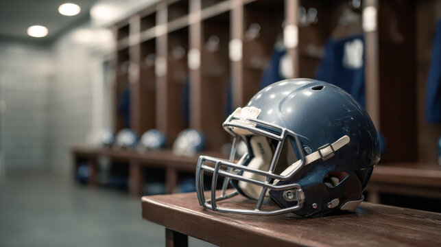 American football helmet sitting inside empty locker room