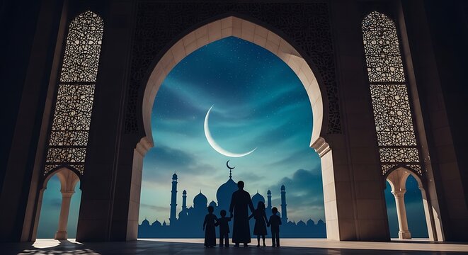 Family silhouetted against crescent moon and mosque skyline islam ramadan