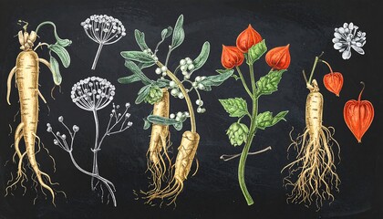 Botanical Illustration of Medicinal Plants - Ginseng, Physalis, and More.