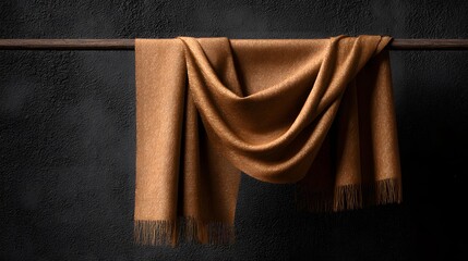 Elegant Brown Scarf Drapped Over Wooden Bar with Dark Background for Luxury Apparel and Textile Concepts Fashionable Accessory Photography Studio Shot