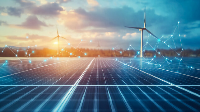Sustainable future with wind turbines and solar panels energy production concept