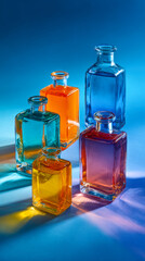 Colorful liquid in glass bottles creating light reflections. Vertical photo