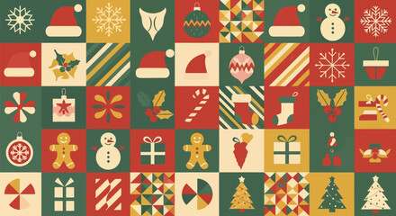 Fototapeta premium Vector illustration of vibrant christmas pattern featuring festive icons like snowflakes, santa hats, gingerbread men, and christmas trees in a retro style