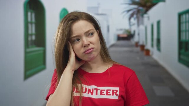 Woman wearing red volunteer shirt touches cheek for toothache in sunlit white building; discomfort.