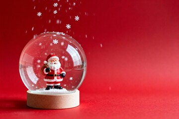 A hyperrealistic glass snow globe with miniature Santa figure and falling snowflakes inside stands on a small base against a deep matte red background in minimalist composition, for luxury holiday bra