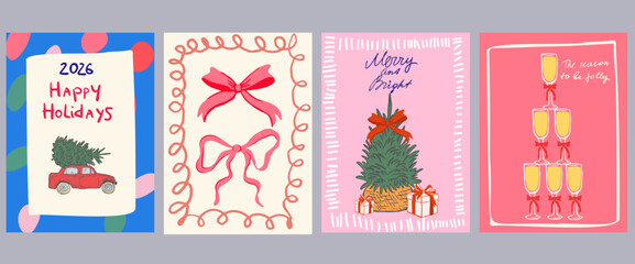 Set of Christmas greeting cards and party invitations in hand drawn vintage style, featuring mistletoe, gifts, Christmas tree, candles, bows and champagne in pink, red, green and blue colors, vector	
