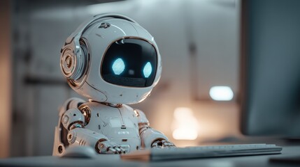 Friendly AI Robot with Blue LED Eyes in Futuristic Tech Workspace