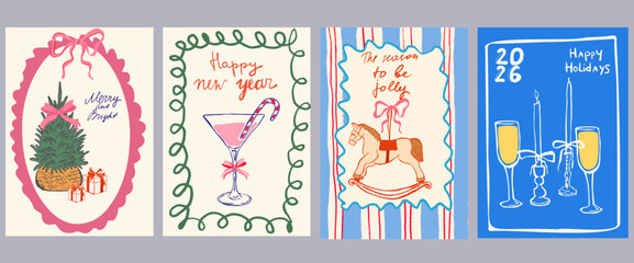 Set of Christmas greeting cards and party invitations in hand drawn vintage style, featuring mistletoe, gifts, Christmas tree, candles, bows and champagne in pink, red, green and blue colors, vector	

