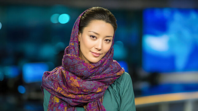 Woman wearing hijab in newsroom looking at camera
