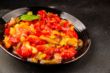 Roasted pepper salad vegetables dish natural product tasty snack fresh delicious gourmet food background on the table rustic top view copy space keto and paleo diet vegan and vegan food
