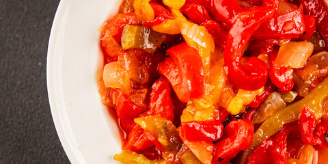 Roasted pepper salad vegetables dish natural product tasty snack fresh delicious gourmet food background on the table rustic top view copy space keto and paleo diet vegan and vegan food