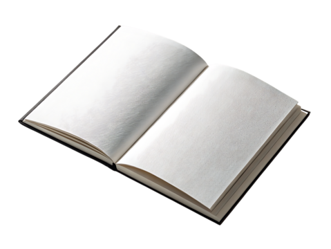 Open blank white textured pages of a book with a black cover, cutout, PNG isolated on transparent background