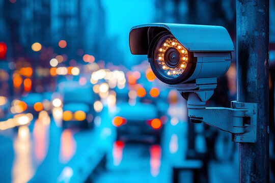 Security camera monitoring busy urban street with cars and city lights.	