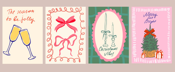 Set of Christmas greeting cards and party invitations in hand drawn vintage style, featuring mistletoe, gifts, Christmas tree, candles, bows and champagne in pink, red, green and blue colors, vector	
