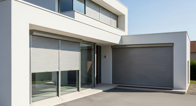 Sleek modern house exterior with electric roller shutters