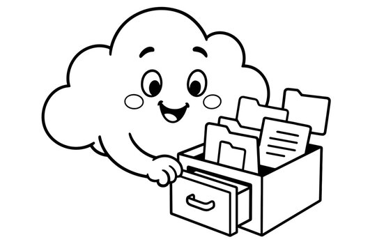 Cheerful Cloud Files. Online storage concept children?s coloring book illustration, outlined drawing, a cheerful cloud opening a small drawer full of simple