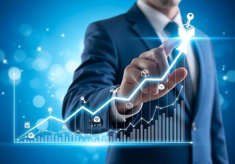 Businessman s hand touches a glowing upward trending financial graph with digital data and security icons on a blue background