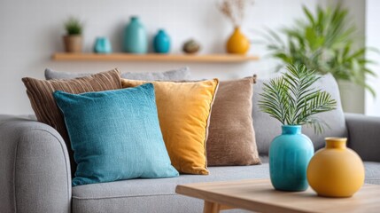 Cozy living room with colorful pillows and decorative vases.