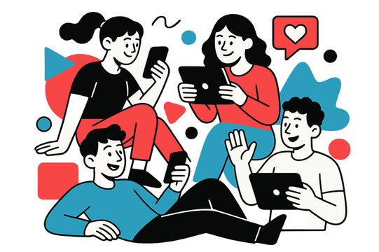 Digital Media Gathering. Media Consumption Habits. Group of friends watching content on tablets and phones with floating abstract geometric shapes, social and