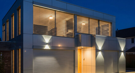 Modern smart home at night: glowing interior, secure shutters