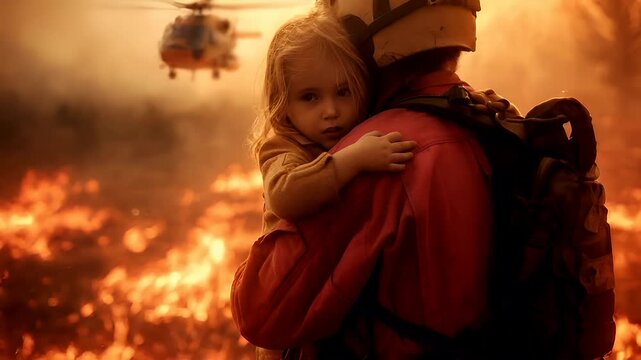 A poignant portrayal of a firefighter and a young child amidst a backdrop of a fiery landscape. The firefighter, wearing a helmet and red uniform, holds the child close to him.