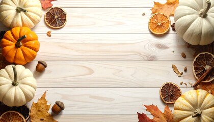 Autumnal Still Life with Pumpkins, Dried Citrus, and Leaves.