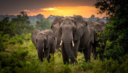 Majestic Elephants Roaming Freely in the African Savannah at Sunset.