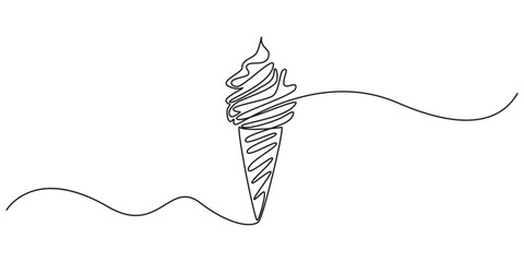 Continuous one line drawing of Ice cream gelato. Ice cream with cone in single line draw illustration, Ice cream on a stick and in a waffle cone in one continuous pattern.