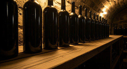 Row of wine bottles in rustic stone cellar with golden light