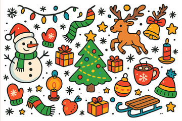 Snowy Celebration Doodles. snowy celebration. Colorful Hand-drawn doodle Children illustration snowy celebration snowman, Christmas tree, gifts, candle,