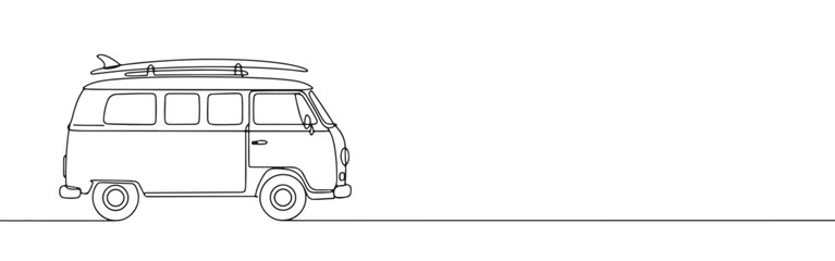 Continuous line drawing of a retro van with a surfboard on top, representing travel, adventure, and beach lifestyle, isolated on a white background