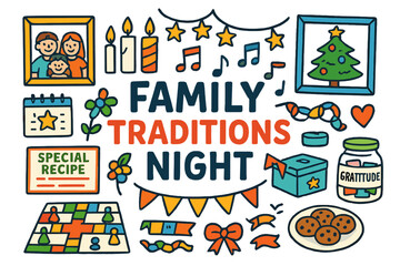 Family Traditions Night. Family traditions night. Colorful Hand-drawn doodle Children illustration Family traditions night framed photos, candles, special